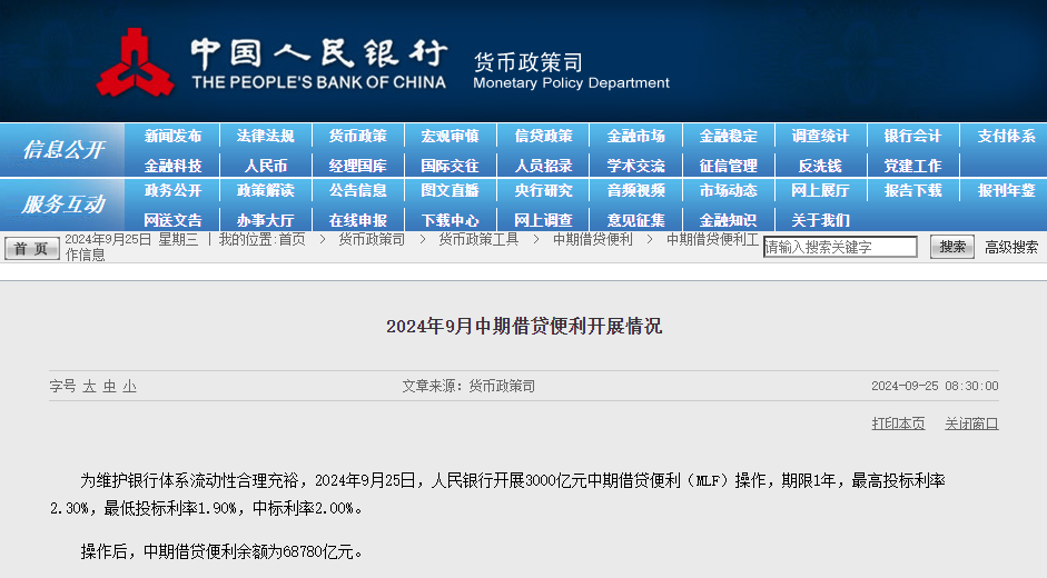 The People's Bank of China cut the MLF rate by 30 basis points, injecting 300 billion yuan of liquidity.