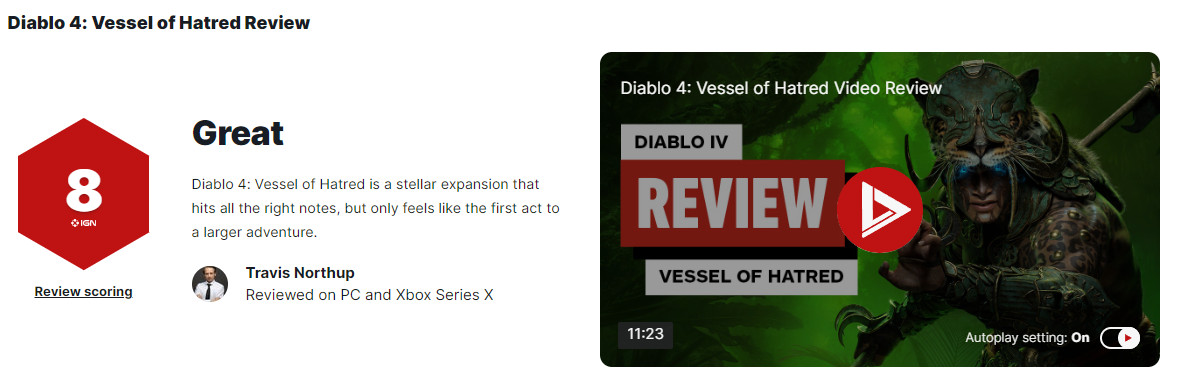 Diablo IV: The Wrath of the Necromancer receives an IGN score of 8 and a Metacritic score of 86.